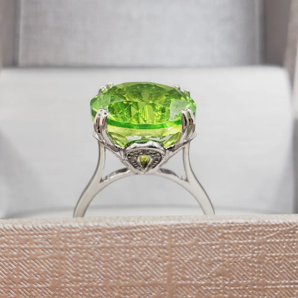 Concave Cut Chartreuse Quartz & White Zircon Platinum | 925 Sterling Silver Ring